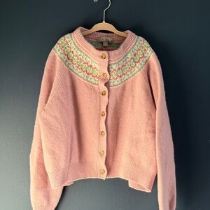 J.Crew Girls Fair Isle Cardigan lilac Sweater Nordic Kids Medium. 100% wool
